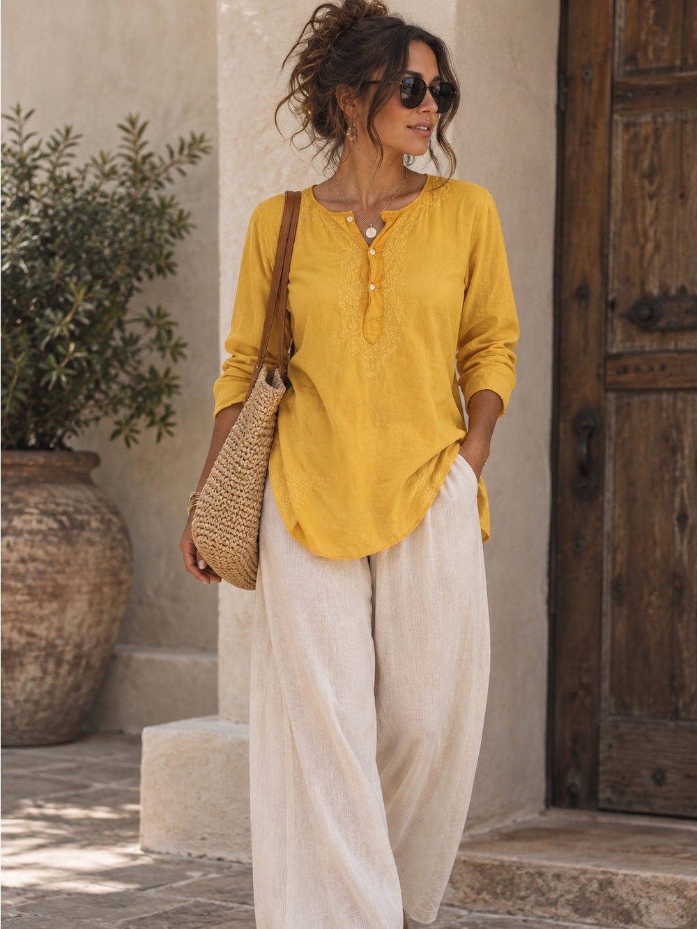 Phelgeye New York 100% Cotton Embroidered Yellow Tunic Top Boho India
